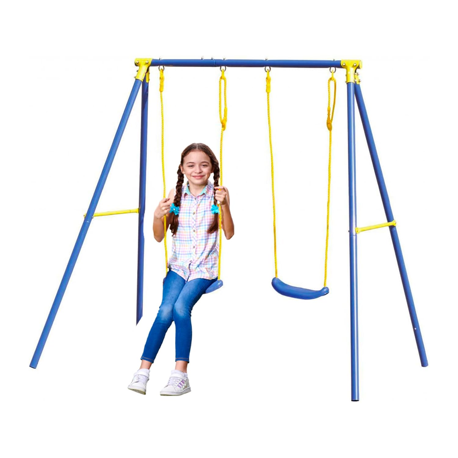 Altalena Gioco per Bambini a Due Posti - Altalena da Esterno con Sedute Regolabili e Piedini Antiscivolo, Ideale per Giardino e Terrazzo, Blu, in Metallo Antiruggine, 209x142x182 cm