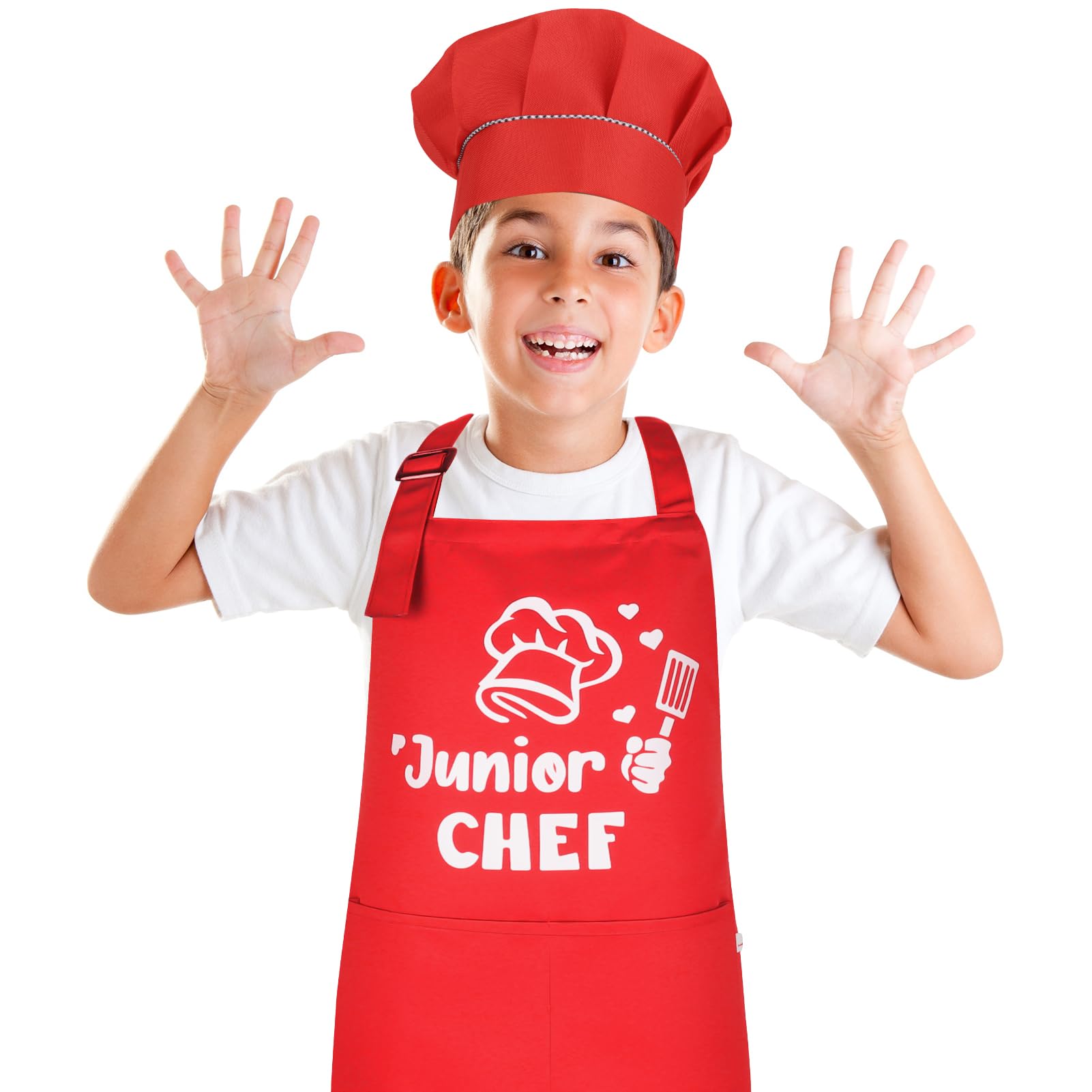 Kids Apron and Chef Hat Set, “Junior Chef” Apron Adjustable Child Apron Chef in Training Funny Apron
