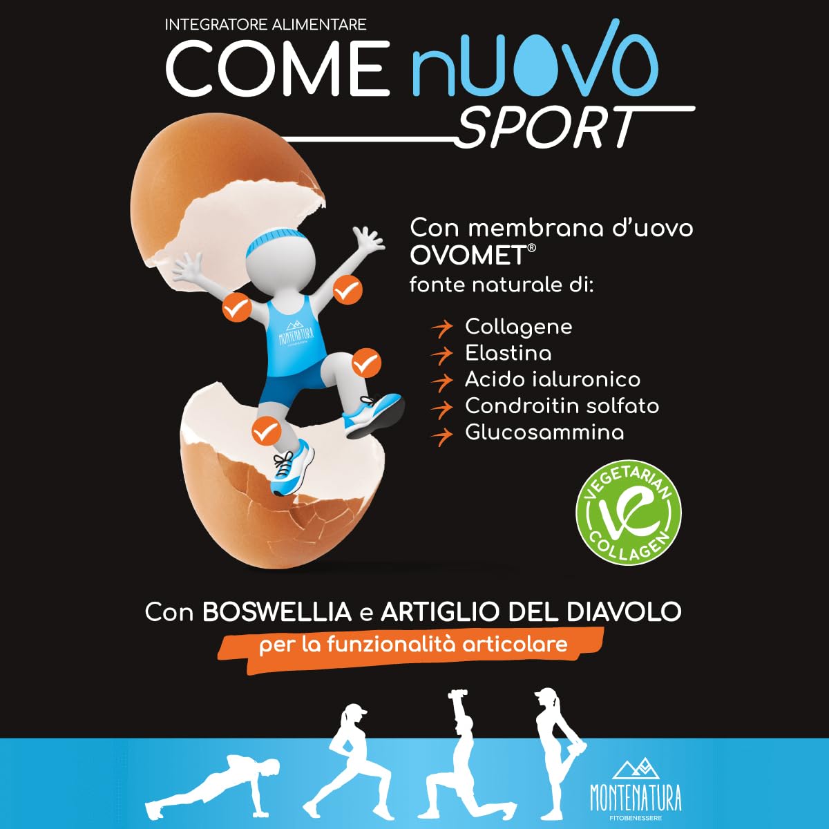 MONTENATURA® COME NUOVO SPORT Integratore Articolare Potente (30 Giorni) per Sportivi. Con OVOMET (Collagene, Acido Ialuronico), Boswellia e Artiglio del Diavolo. Antinfiammatorio, Senza Glutine.