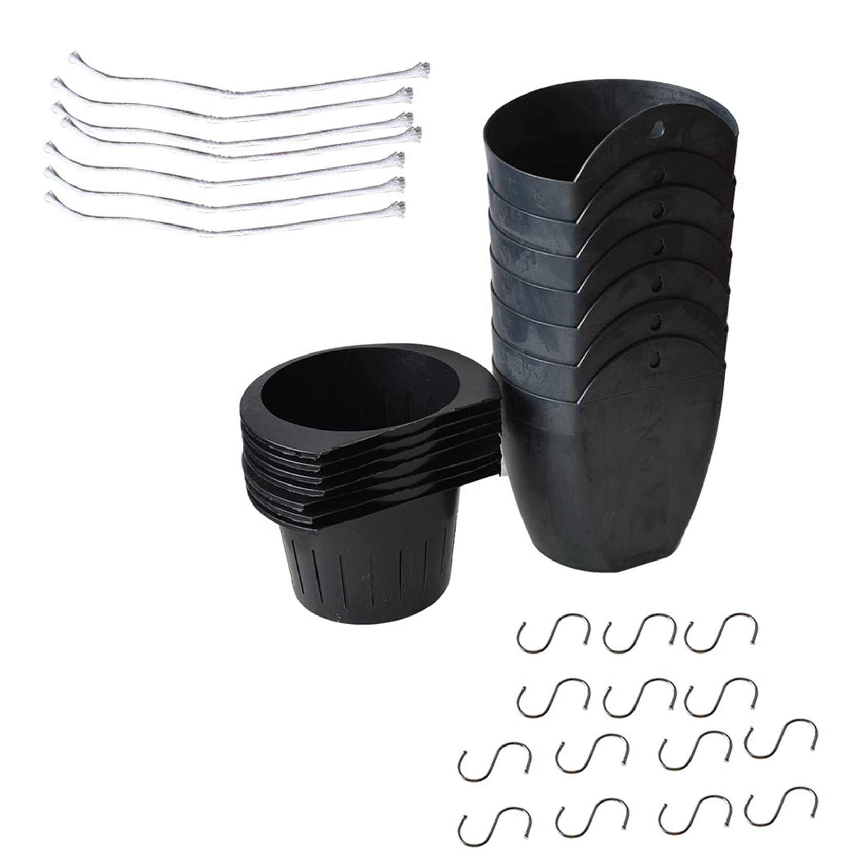 TINVHY 7Pack Black Gray Self-Watering Plant Flower Pot Wall Hanging Plastic Planters with 7 Hooks