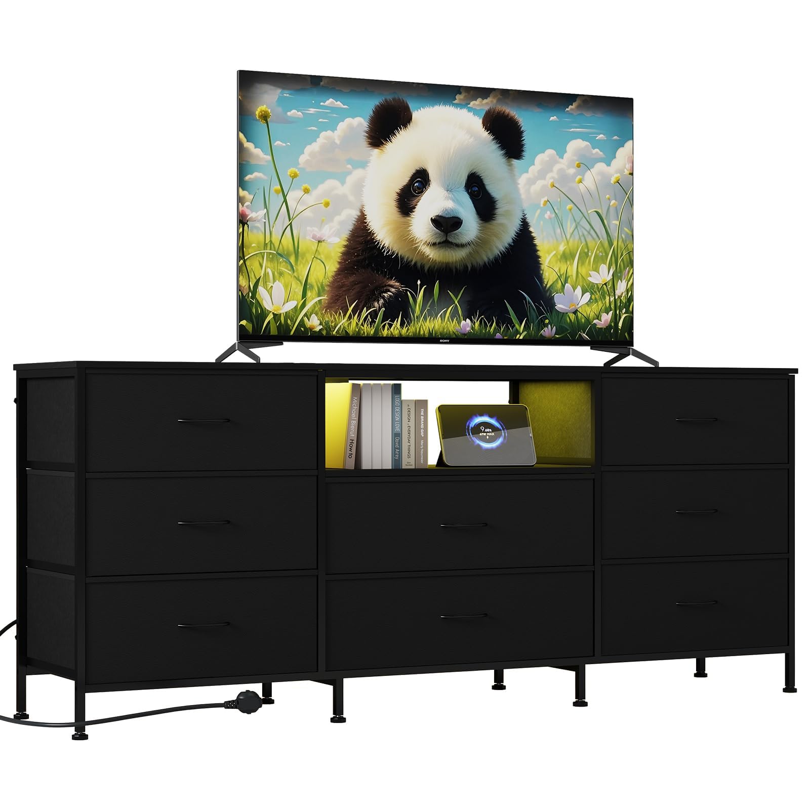 GarveeLife 63" TV Cabinet - Metal Frame TV Stand Dresser, 8 Drawers, LED Light, Modern Entertainment Storage Cabinet, for 65-75 Inch TV - Bedroom & Living Room, Black