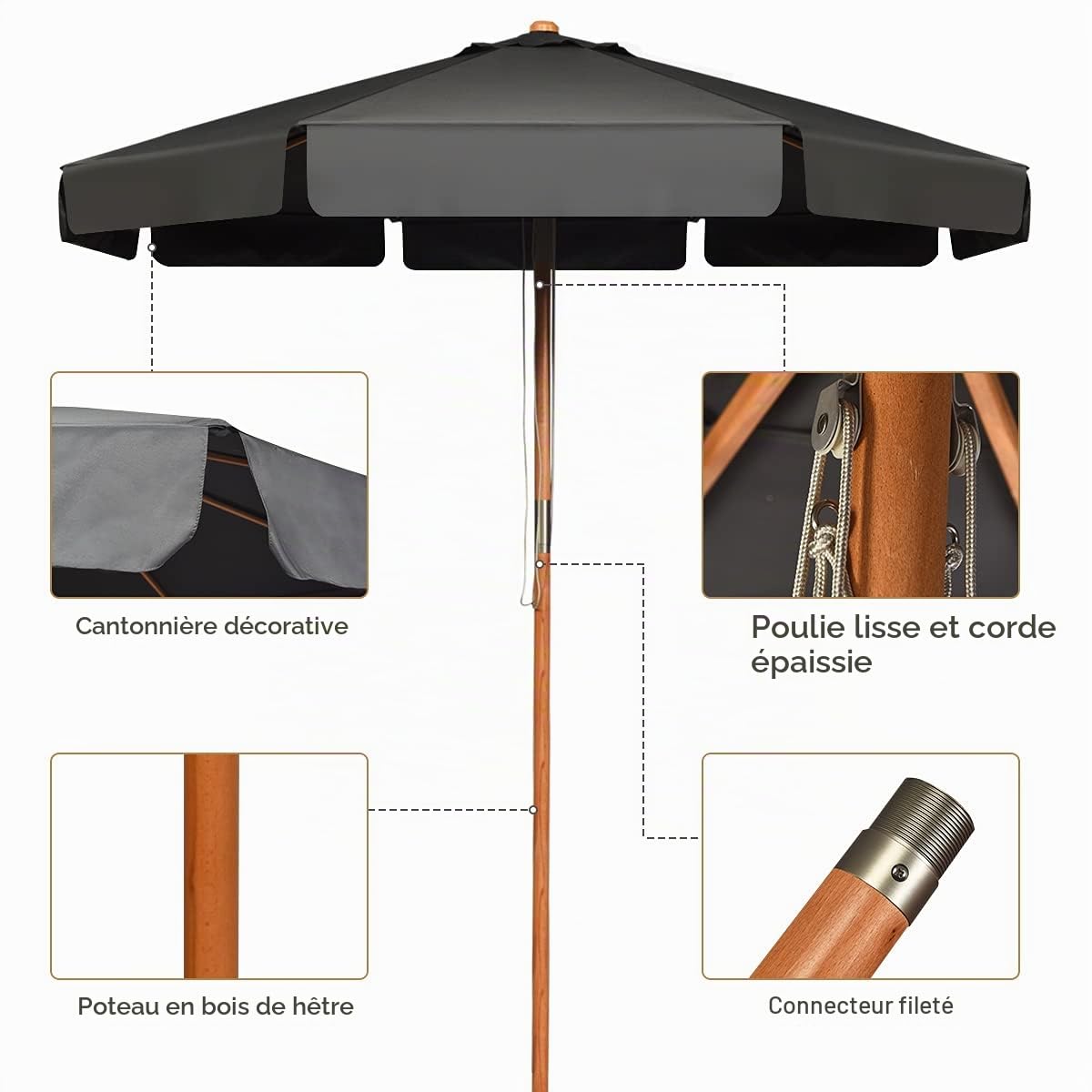 KOMFOTTEU 3M parasol de jardin en bois de hêtre inclinable, imperméable et protection solaire, parasol de plage avec 8 baleines, pour jardin, balcon, terrasse, gris, 300cm x 253cm