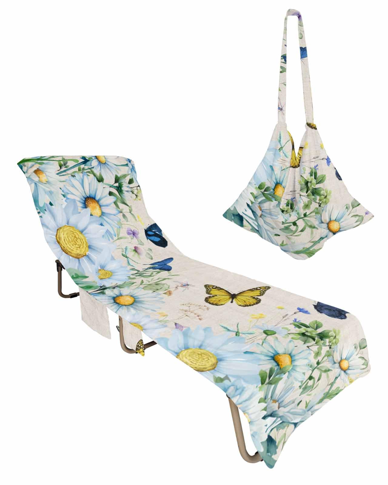 Spring Daisy Beach Lounge Chair Towel Cover, Soft Chaise Lounge Towel with Side Pockets Patio Pool Chairs Cover for Beach/Pool Sunbathing 29x85 Summer Butterfly Botanical Farmhouse