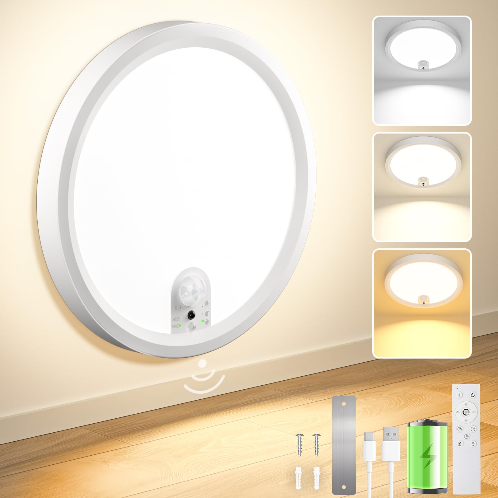 Akku Deckenlampe mit Bewegungsmelder Innen,Kabellos LED Deckenleuchte Dimmbar mit 6000mAh Batterie,Lampe mit 3 Modi Fernbedienung und Ohne Stromanschluss Ohne Bohren für Garage, Keller,Flur,Treppe