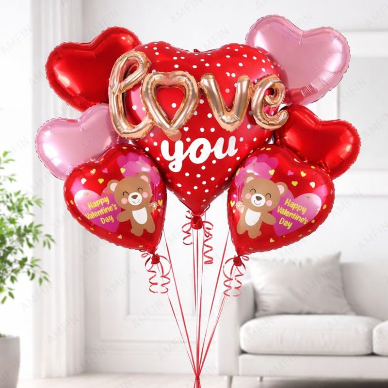 Image of AMFIN (Pack of 7) Happy Valentine's Day Foil Balloon Bouquet 3D Love you Heart Romantic Decoration Item - Red Pink