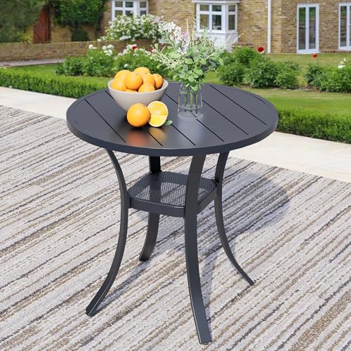 Hanamako 27.6" Round Patio Dining Table for 4, All-Weather Metal Patio Table with Storage Shelf, Outdoor Round Dining Table for Lawn Garden Porch, Black