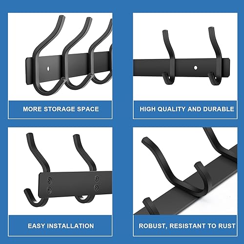 Miniatura 5 de Ganchos de pared resistentes, perchero de 17 pulgadas con 6 ganchos, ganchos de pared negros para colgar mochila, bolsa, bolso, ropa, sombrero,