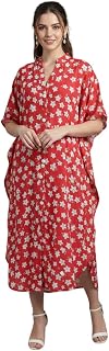 SUN-ROSE FASHIONS Women's Red Floral Print Long Kaftan, V-Neck, Collar Neck, One Size fits All Relaxed Fit Price In India