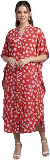 SUN-ROSE FASHIONS Women's Red Floral Print Long Kaftan, V-Neck, Collar Neck, One Size fits All Relaxed Fit