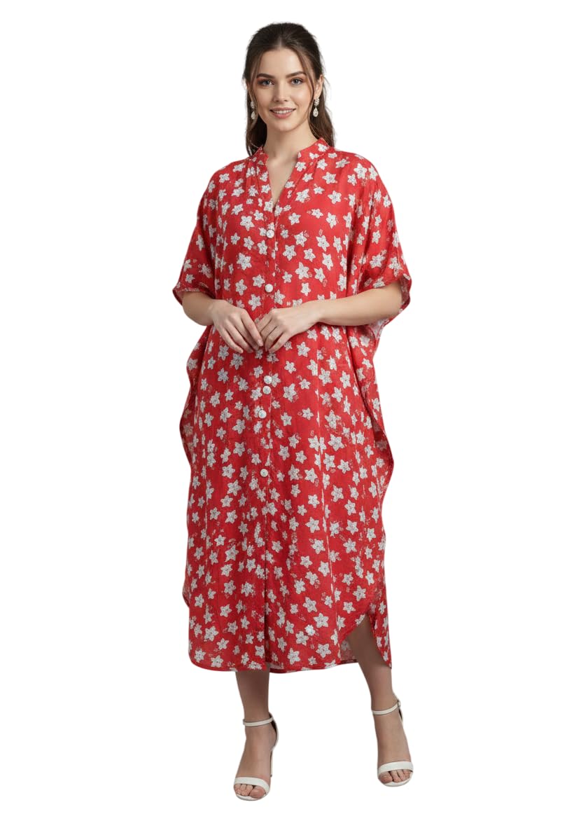 SUN-ROSE FASHIONS Women's Red Floral Print Long Kaftan, V-Neck, Collar Neck, One Size fits All Relaxed Fit - Review, Price and Buying Guide