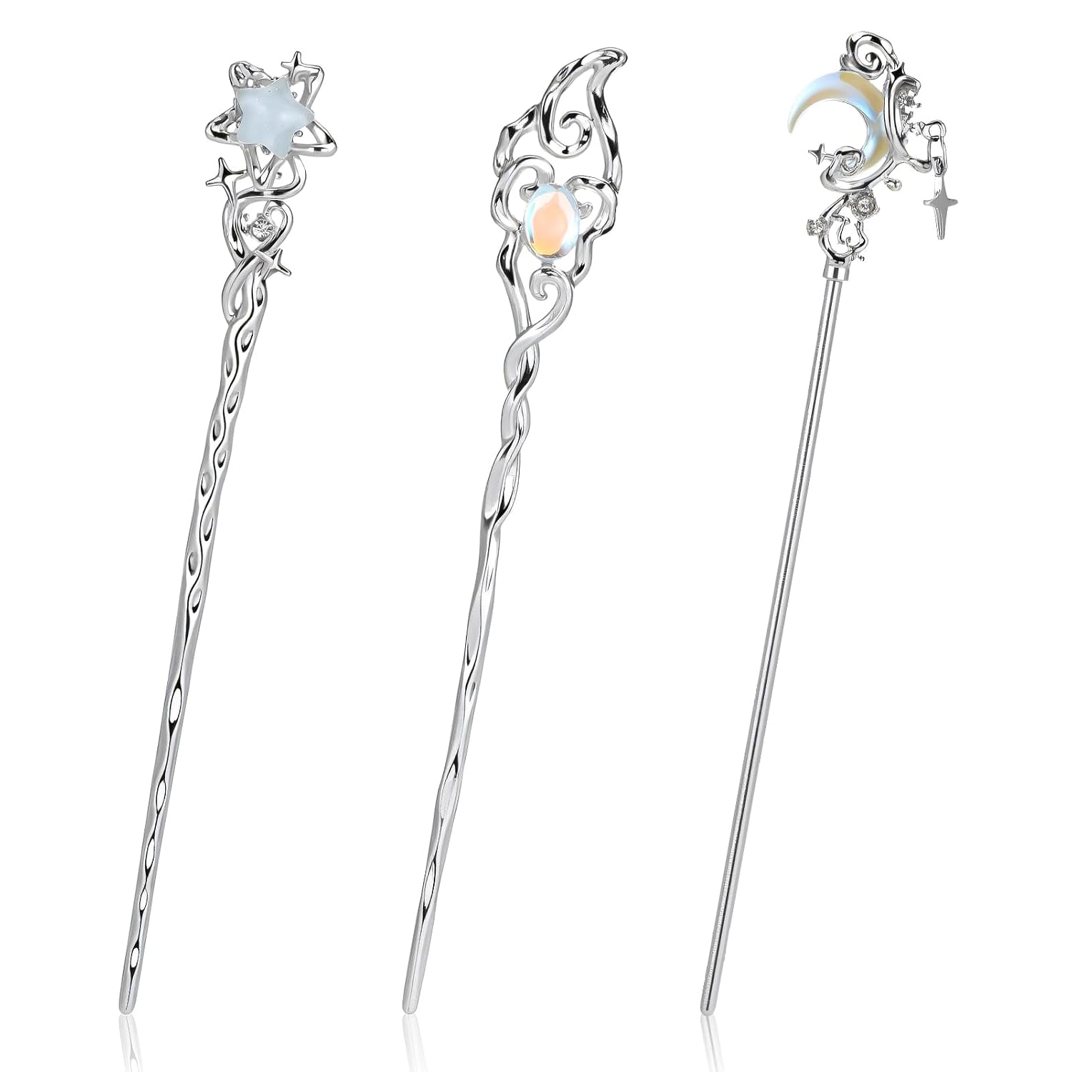 3Pcs Star Moon Stone Hair Chopsticks for Women,Metal Hair Sticks for Buns Chinese Long Hairpins Hanfu Accessories
