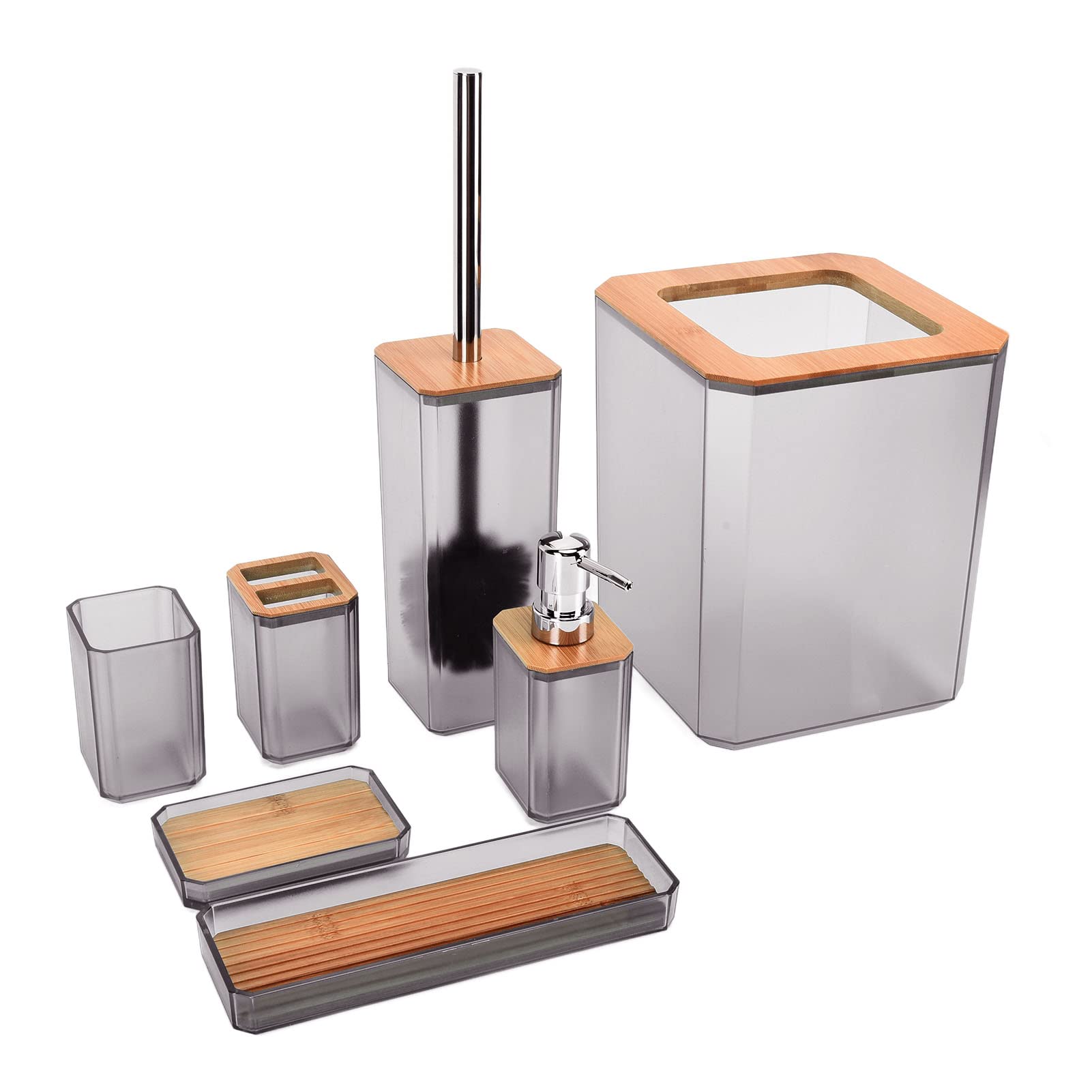 Juego de Accesorios de Baño de bambú, Juego de Baño de 7 Piezas con Caja de ABS, Soporte para Cepillo de Dientes, Escobilla de, Bote de Basura y Bandeja para el Hogar, Hotel, Apartamento