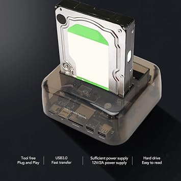 USB 3.0 to SATA IDE Bay Docking Station for 2.5 or 3.5in HDD SSD, Support 20TB, Hot Swap, Offline Clone, Tool Installation (US Plug)