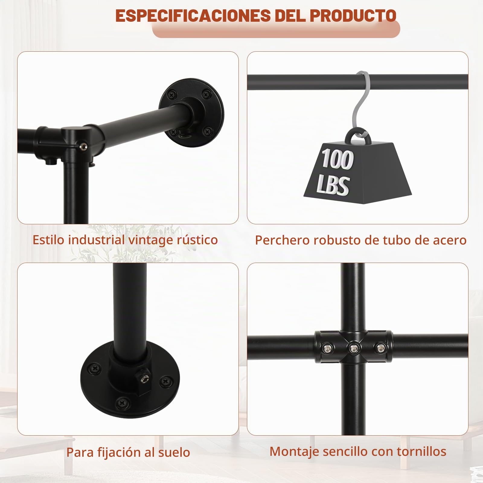 SMONTER Perchero industrial tubular de metal, altura ajustable, para colgar ropa, barra pesada montada en la pared, para armario, dormitorio, 6 rejillas