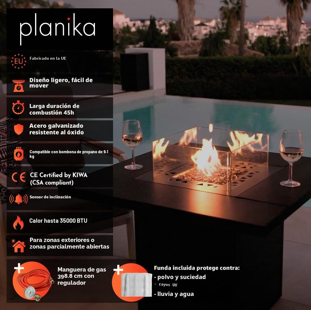 Planika Square Table - Mesa de Fuego de Gas - Chimenea con Mesa - Chimenea de Exterior de Gas y Mesa de Jardín en Uno - Compartimento Interior para Bombona de Gas - Resistente a la Intemperie - Funda