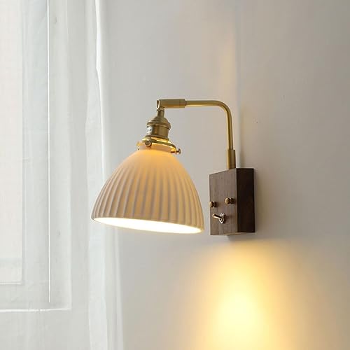 Miniatura 5 de Nordic Ribbed Ceramic Wall Light Vintage Walnut Base Copper Adjustable Sconce E26E27 Base Modern Lighting for Bedroom Living Room