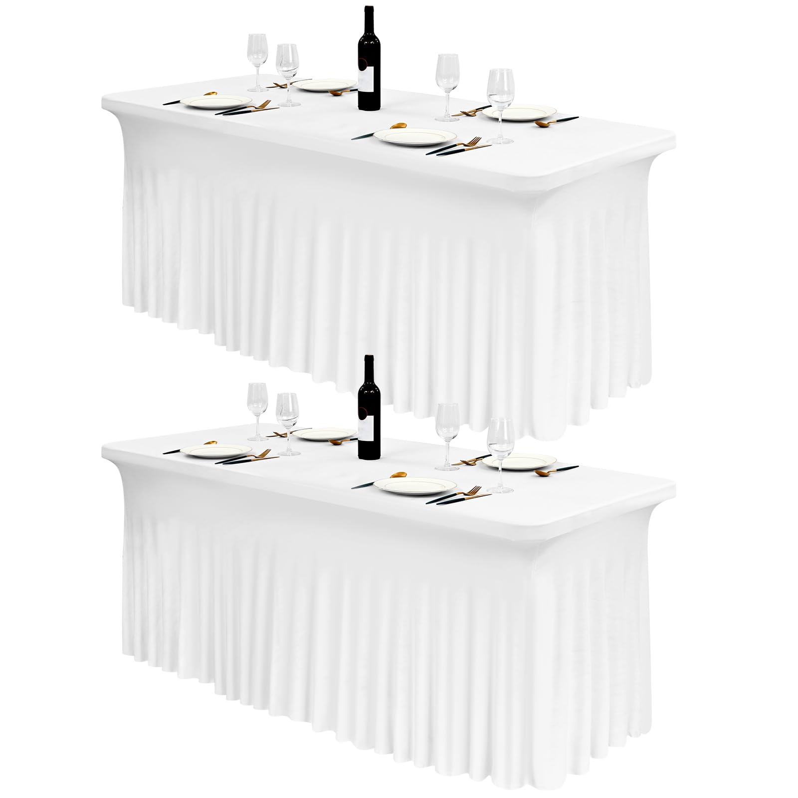 2 gonne da tavolo in spandex, 183 x 76 x 76 cm, bianco elasticizzato, con gonna, lavabile, per tavoli rettangolari da 6 piedi, copertura retrattile per matrimoni, banchetti e fiere