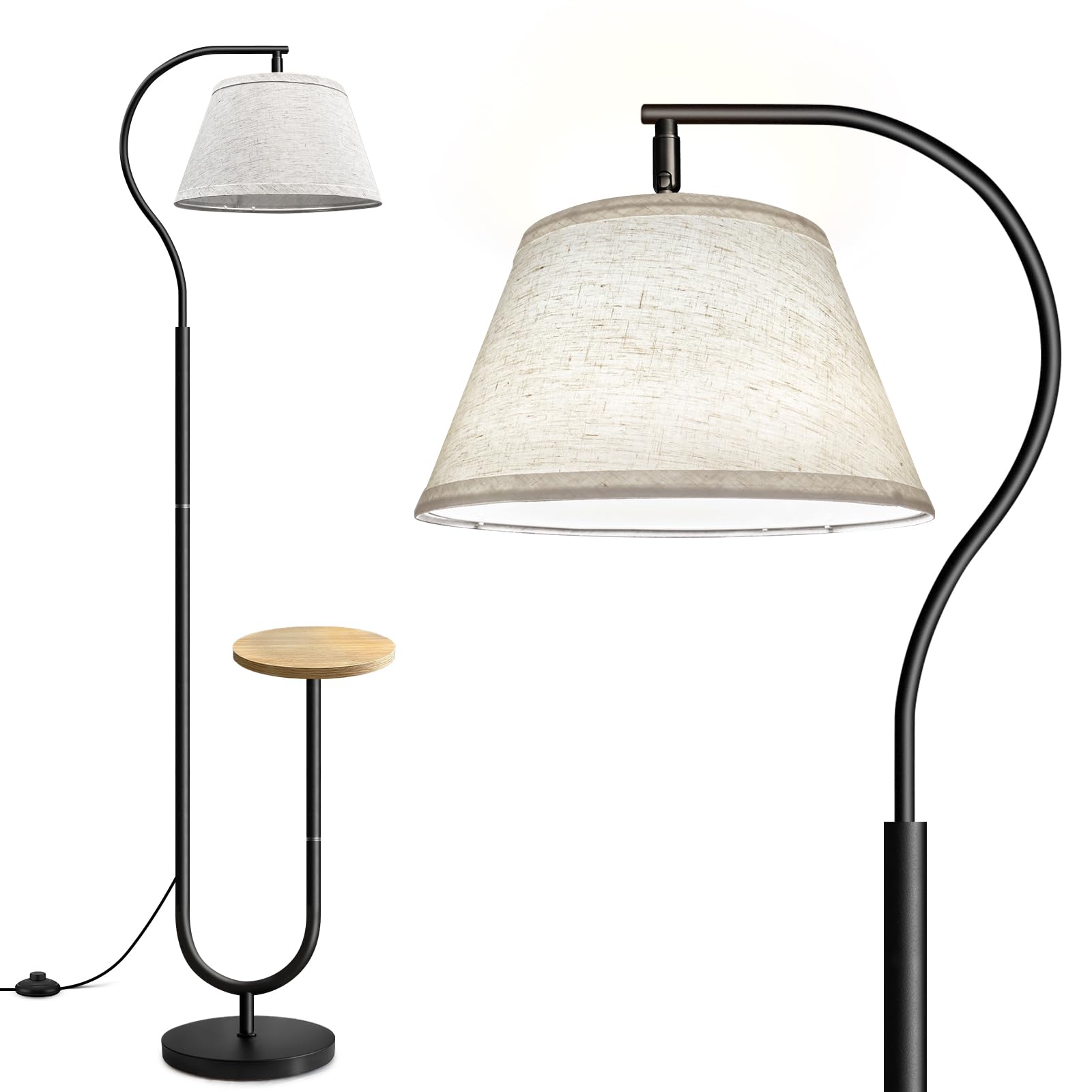 BBHome Lámpara de pie para Salón, Lámpara Moderna con Arco y Estante, Lampara pie con Mesita y Pantalla de Lino, Lampara de pie con Casquillo E27 para Salón, Dormitorio, Estudio y Oficina,Negro