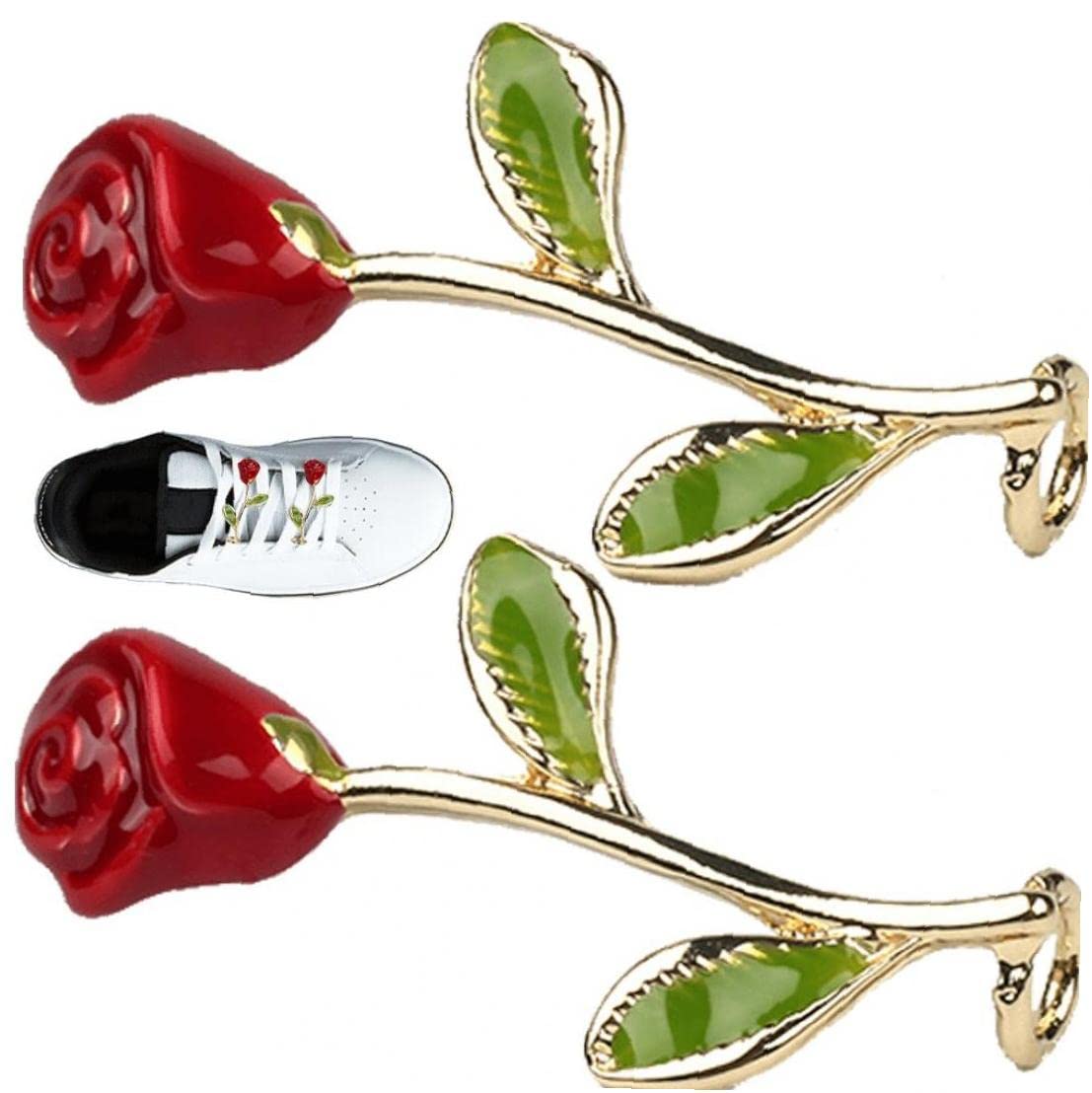 Danlai Girls Rose 2Pcs Shoelaces Clips Decorations Charms Rhinestones Shoe Charms Jeweled Sneakers Gift Diy Lace Buckle Shoes Accesories