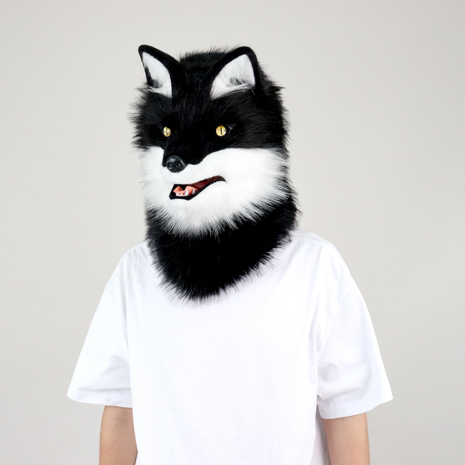PPFINE Animal Faux Fur Wolf Dog Furry Full Head Mask Cosplay Costume Accessories for Halloween Party, Blackwhite - Image 2
