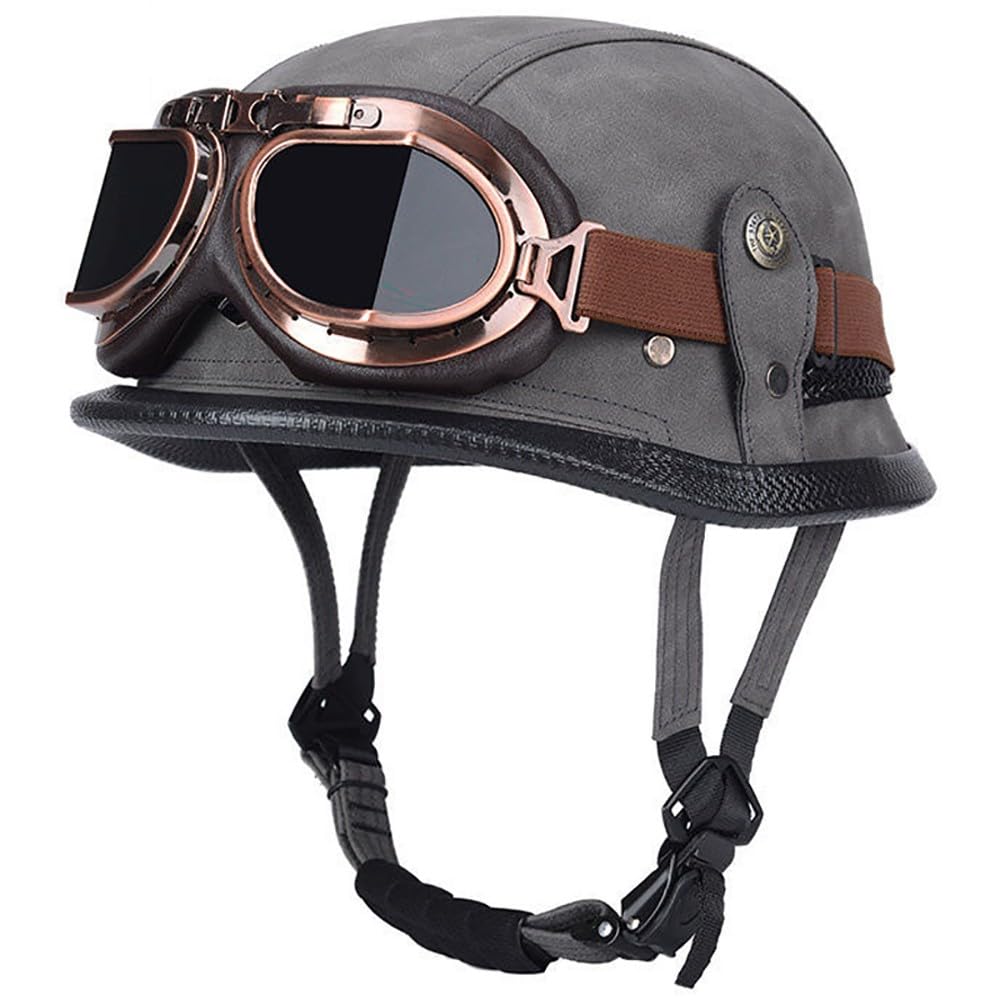 Motorcycle Half Helmet, Vintage Leather German Style Half Helmet Skull Cap with Goggles, ECE Approved Retro Motocross Helmet, Men Women Adult for Scooter Bike Cruiser