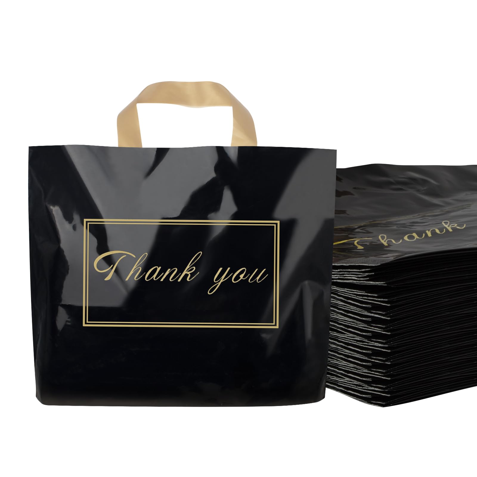 Chirpbirds Thank You Bags, Plastic Boutique Shopping Bags for Small Businesses Extra Large Thick 18 x 16 Inch Bulk Merchandise Gift Bags with Handles for Customers Party Favors, Black 50 Pack