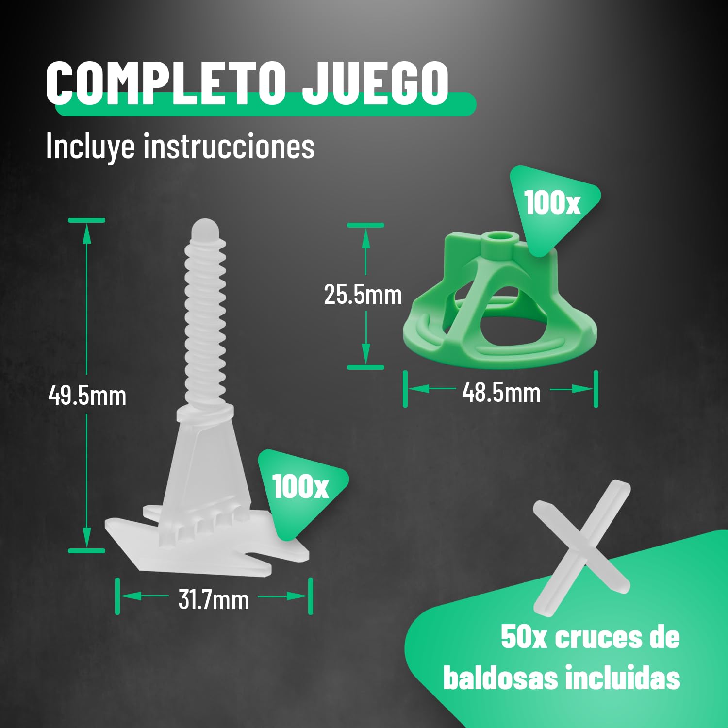 greate Sistema de Nivelación para Azulejos 250 Piezas 2mm | Set de cuñas para alicatado con 100 Lengüetas, 100 Tapas Rosca y 50 Crucetas - niveladoras suelo, niveladores azulejos