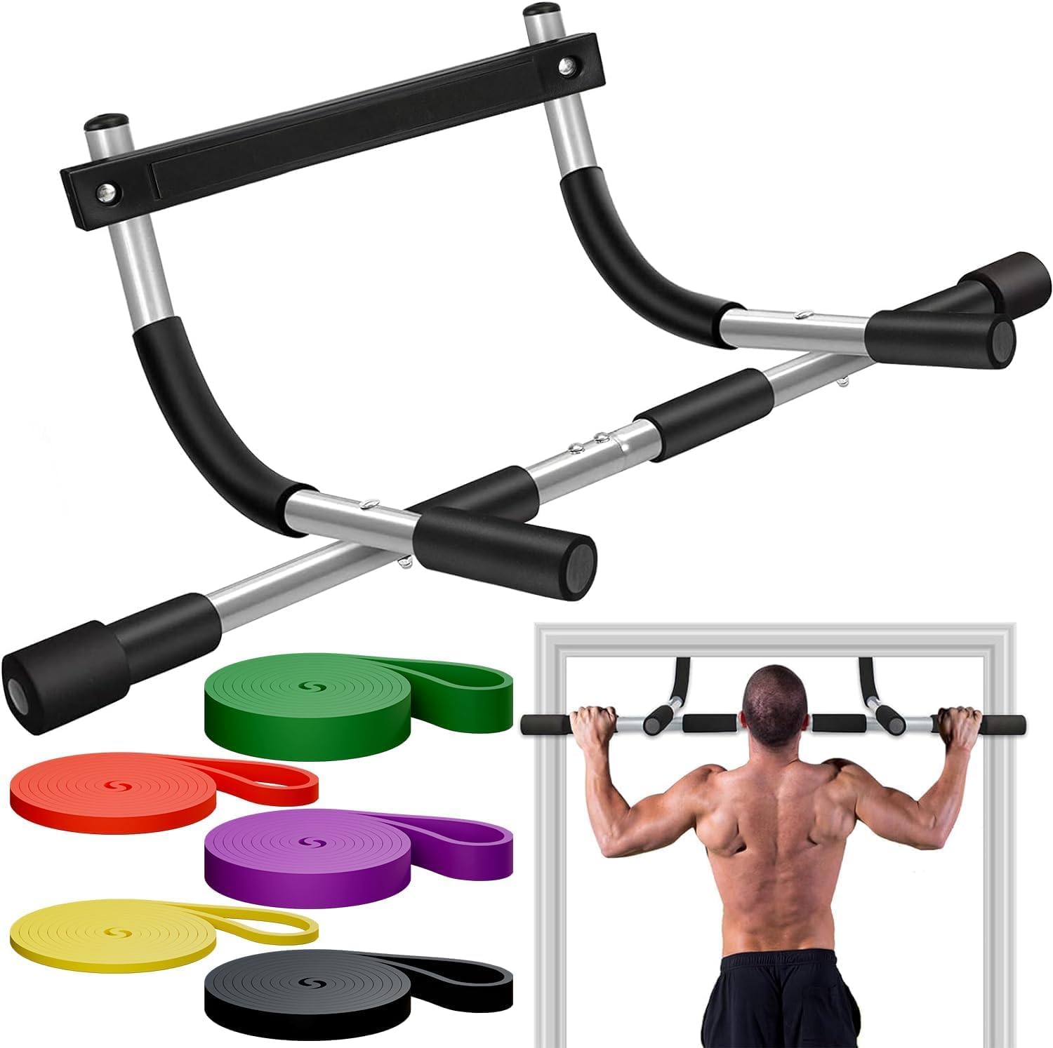 Pull Up Bar for Doorway, Upgrade Chin up Bar for Doorway Without Screws,Resistance Bands Set of 5 – Pull Up Assistance Bands for Men & Women