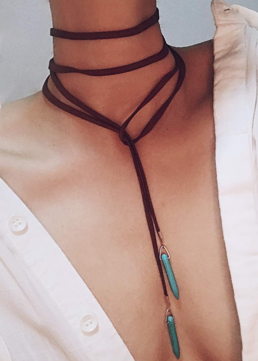 fxmimior(Black) - Women Necklace Vintage Long Choker with Turquoise Pendant Sexy Rock Handmade Layered Necklace For Women (black)