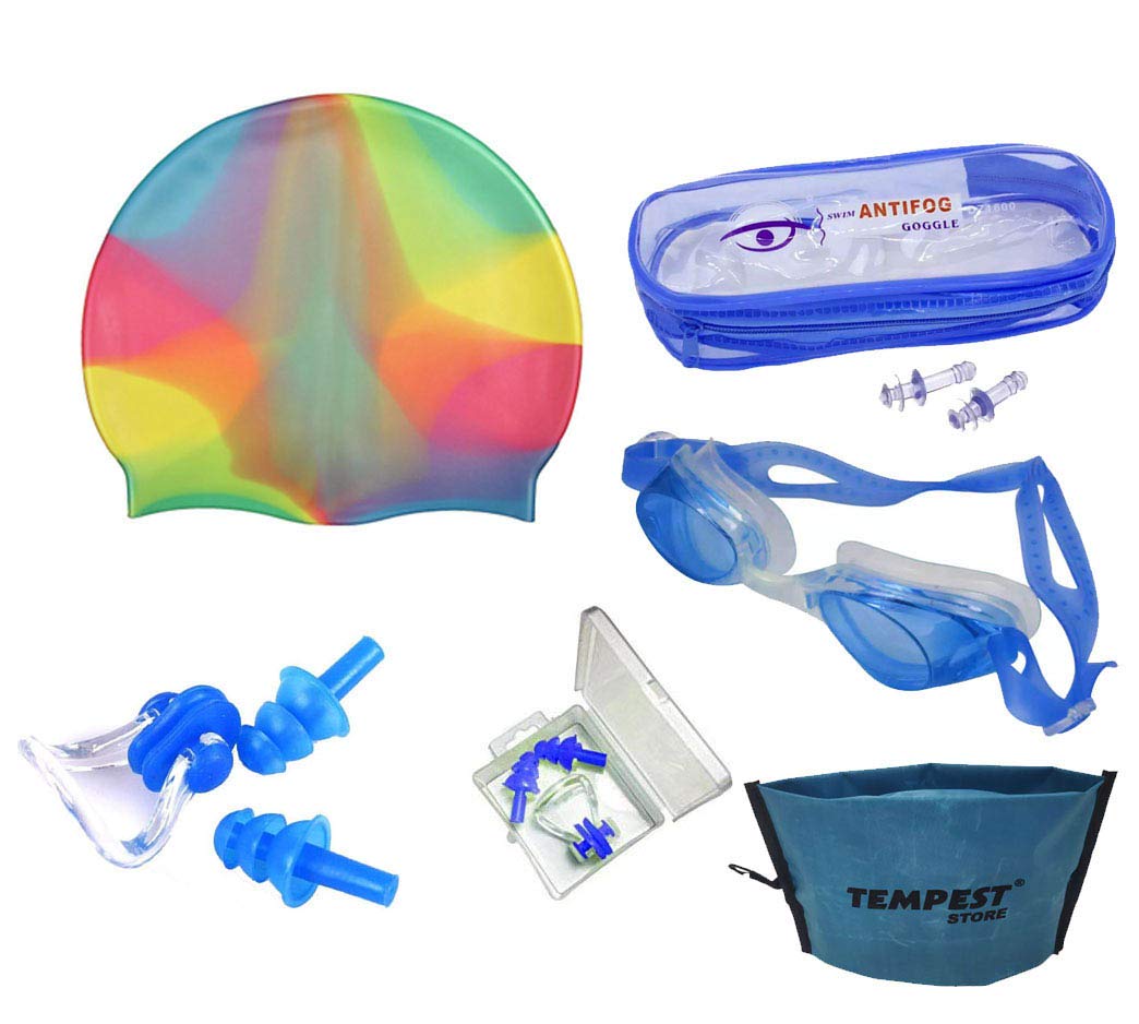 TEMPEST Swimming Kit with Swimming Goggles Silicone Swimming Cap + 1 Nose Clip + 2 Ear Plugs and FREE KIT BAG (Multicolor) (B0855RMRVZ) Amazon Price History, Amazon Price Tracker
