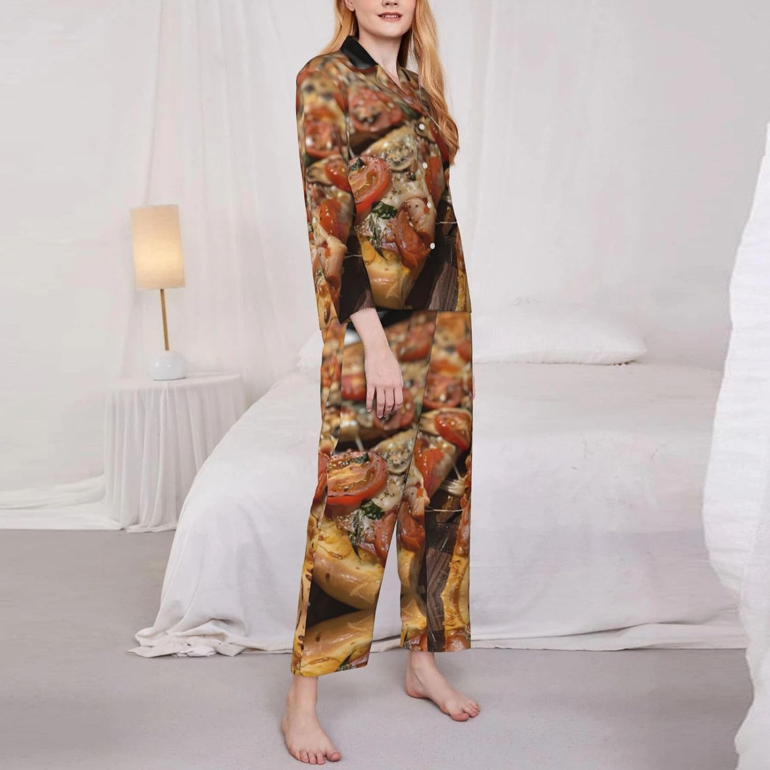 Tasty Pizza Print Christmas Pajamas For Women,Matching Pajama Sets,For Holiday And Thanksgiving
