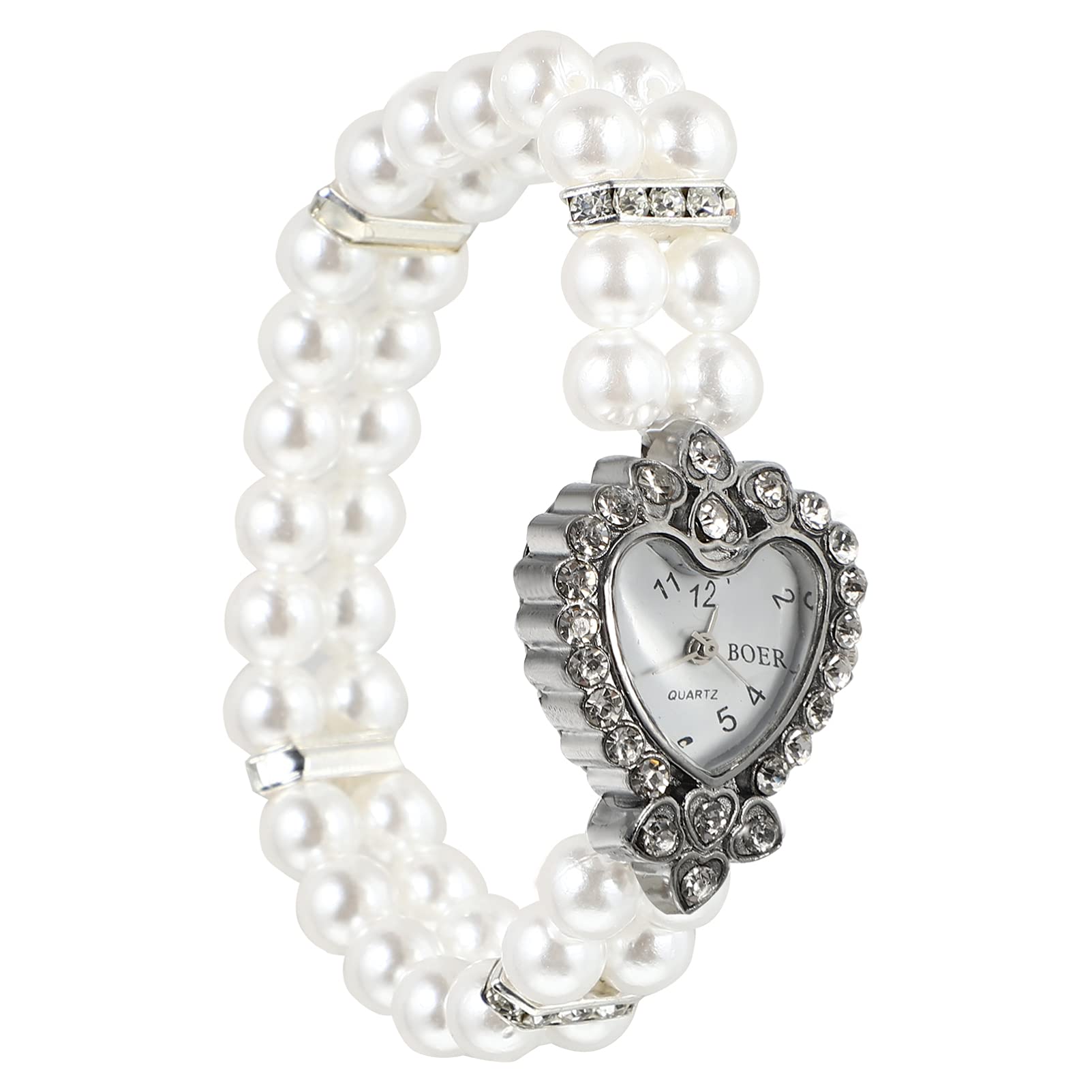 Hemobllo Quartz Watch with Elastic Pearl Watch Band Decorative Wrist Watch with Rhinestone Heart Dial Fashionable Casual Watch for Girls Lady Gift White