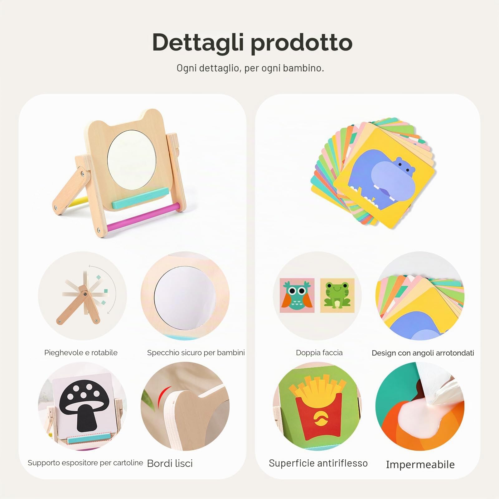 WOODEN TEETHER Specchio per Bambini - Specchio Montessori per Neonati con 120 Pagine di Carte Visivamente Stimolanti, Giocattolo in Legno per Pancia-Tempo, Giocattolo Montessori per Neonati 0 3 6 12