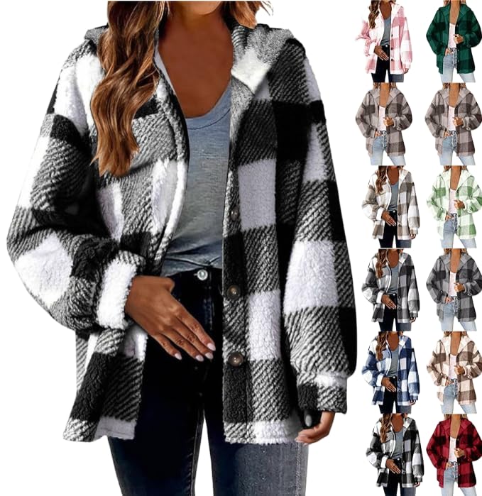 Women's Plaid Hooded Jacket Long Sleeve Casual Fashion Cardigan Jacket Coats Fall Winter Outwear Outfits Clothes