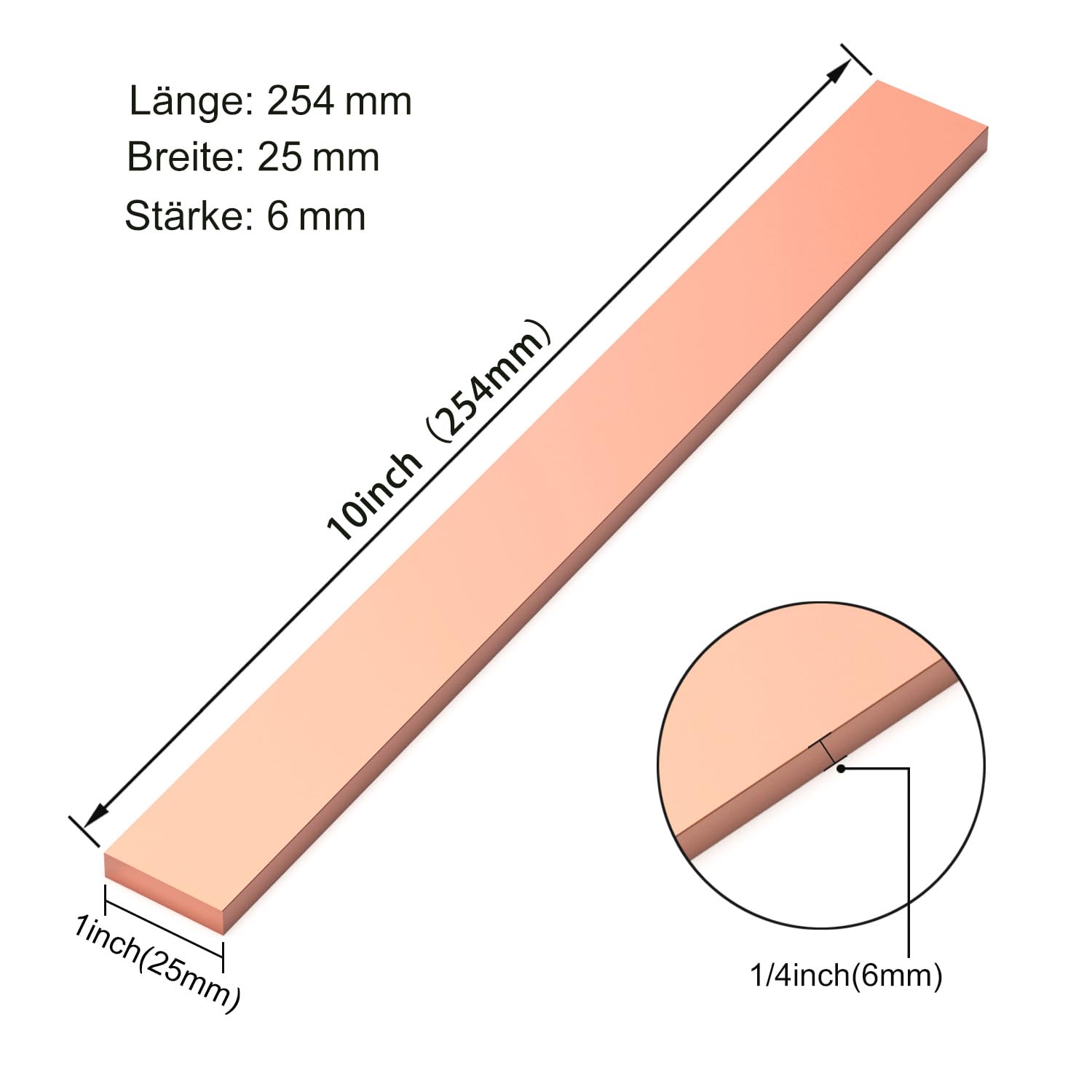 Metall Kupferplatte, 1 Stück Kupferflache Stangenplatte 254mm x 25mm x 6mm, 99.9% T2 Reiner Kupferblech für Bastelarbeiten, Elektrische Reparaturen und Verschiedene DIY