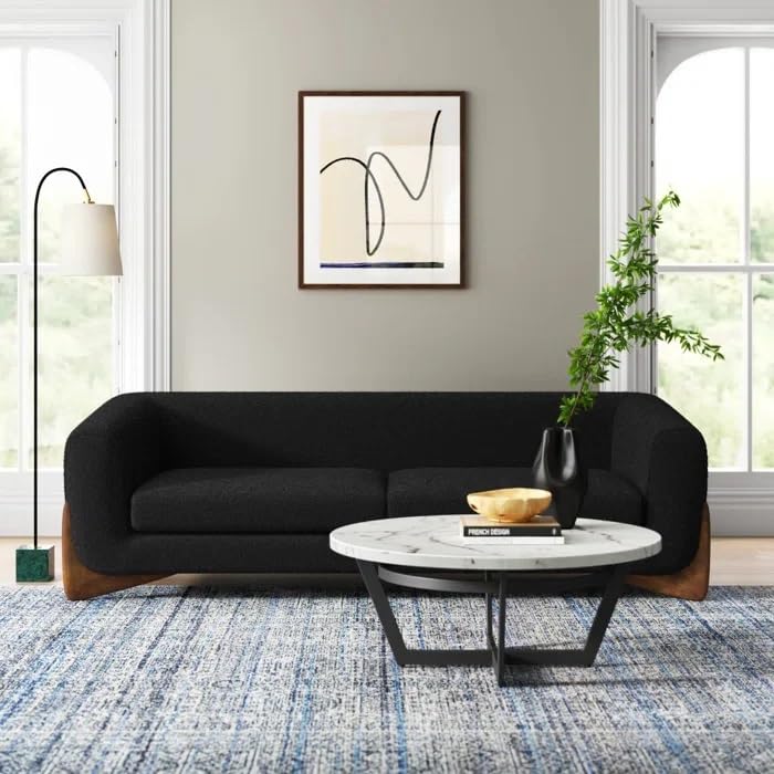 Image of Velvet Contemperory Sofa with Cushion Chaise Lounge Sectional Sofa Perfect for Living Room & Bedroom Guests Home & Office (Boucle Teddy Fabric Sofa (Black), Three Seater)
