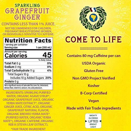 Guayaki Yerba Mate, Grapefruit Ginger, Organic Sparkling Clean Energy Drink, 12 Ounce Can, Reduced Calorie With 45 Calories Per Can, 80Mg Caffeine #TOP1