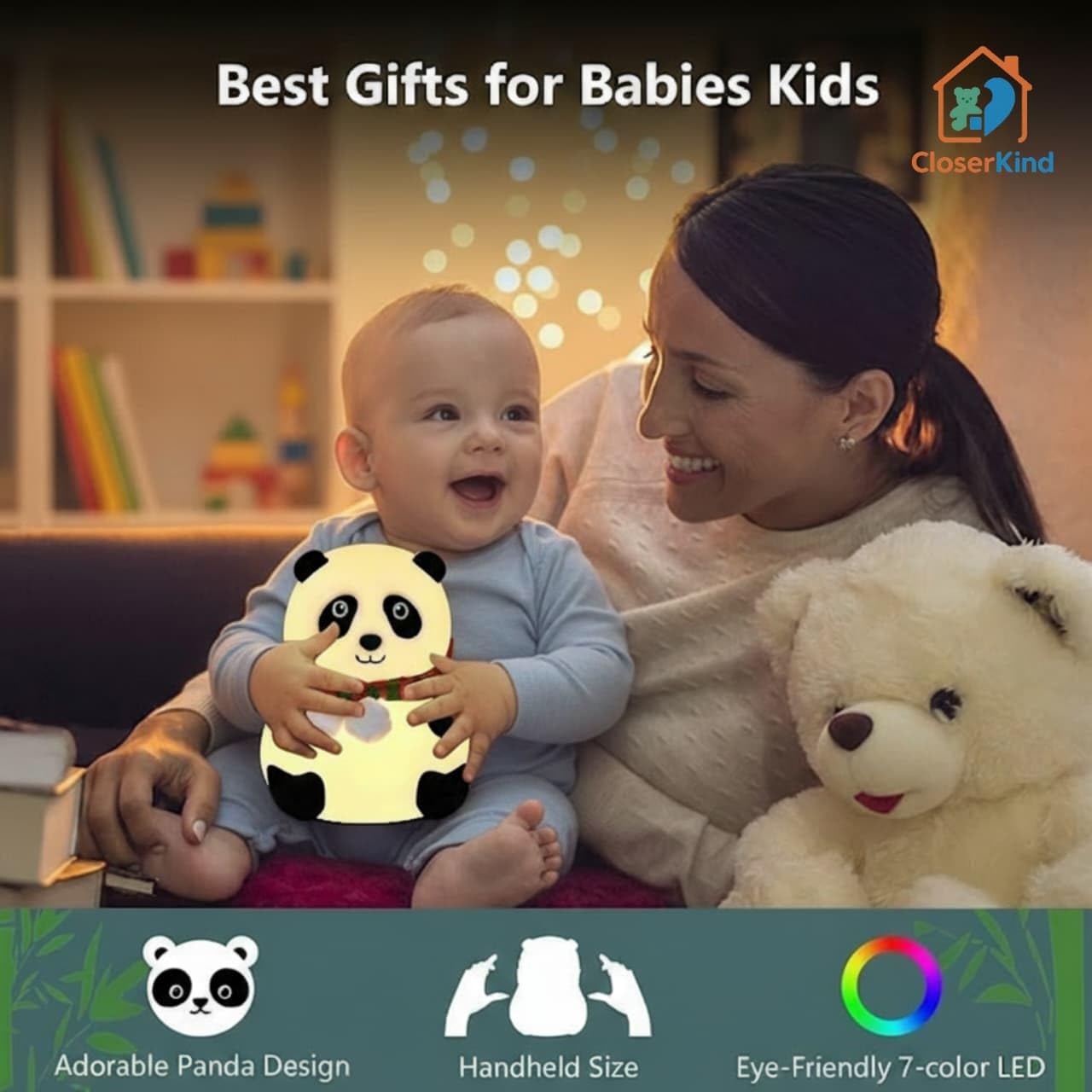 CloserKind Panda Night Lamp for Kids | Soft Silicone Touch Color Changing LED Rechargeable Night Light | Cute Animal Bedside Lamp for Baby Room, Girls & Boys | BPA-Free | Gift & Bedroom Decor 1