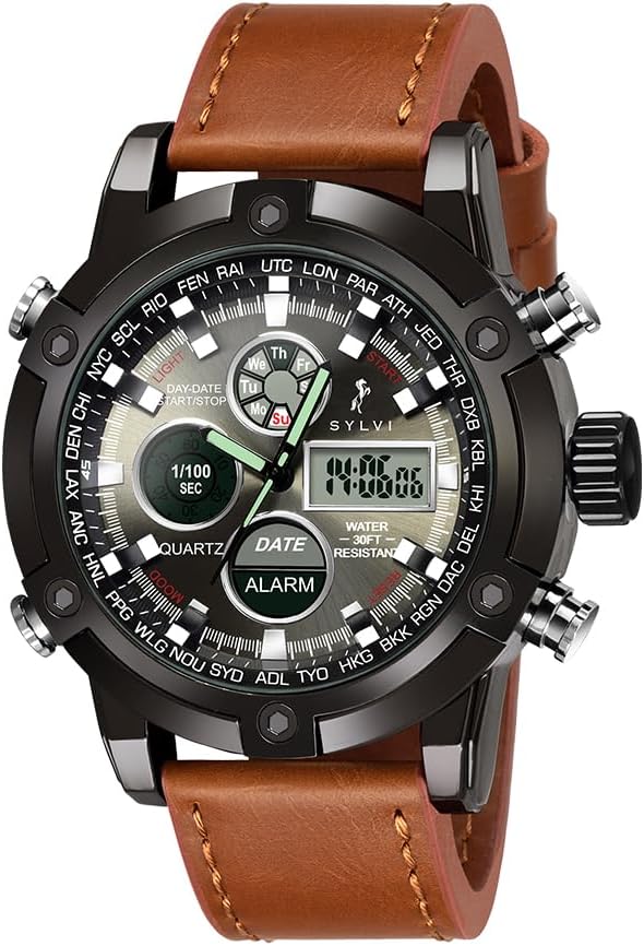 Analogue-Digital Luxury Black Dial Leather Strap Multi-Functional Casual Business Calendar Wrist Watch for Men and Boys, Pack of 1 - RRSY3022
