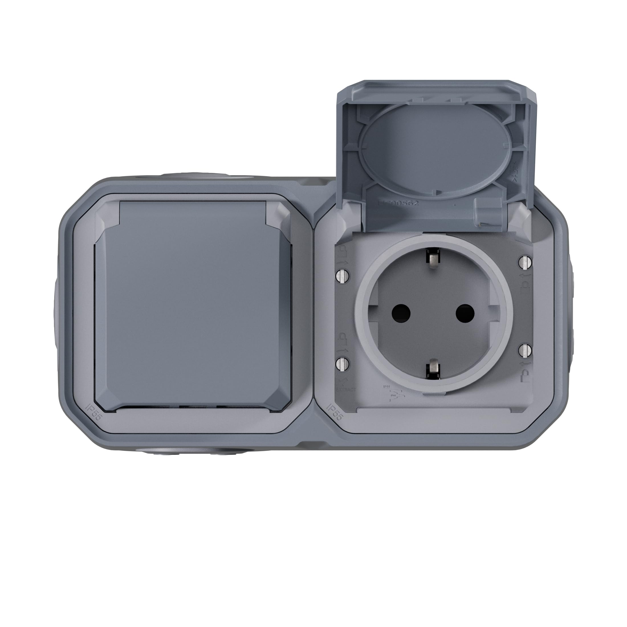 Legrand - Enchufe Doble 2P+T 16A con contacto lateral de tierra - Plexo - Estanco IP55 - Montaje en superficie - Gris - 069742LE