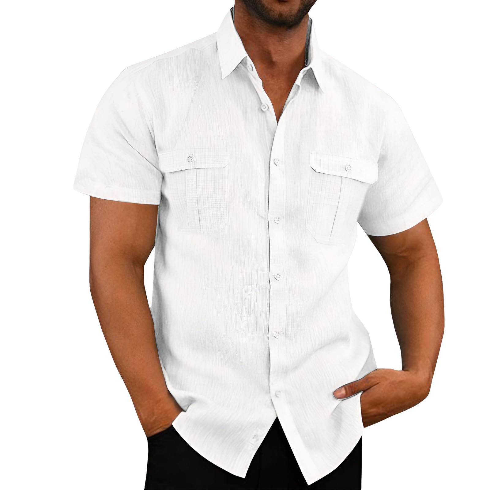VUIOYRG Stretch Short Sleeve Shirt with Pockets,Men's Summer Cotton Button Down Casual Shirts,Plain Regular Fit Casual Business Shirt, Lightweight Beach Tops (White,M)