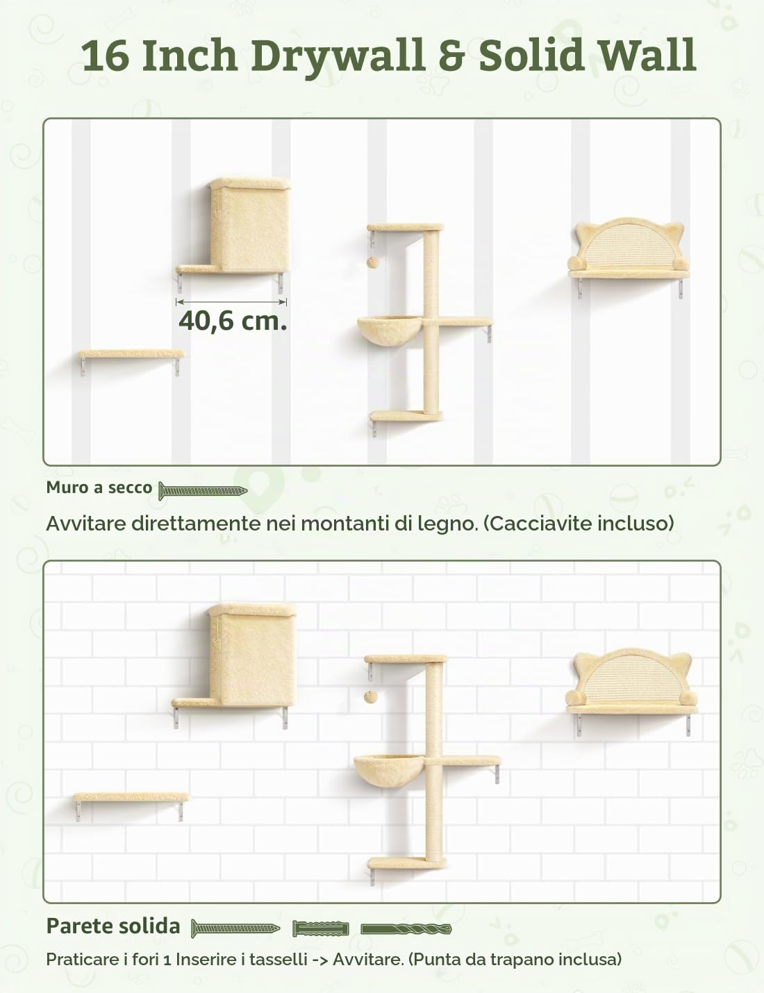 Set Mobili da Parete per Gatti da Arrampicata, Mensole da Parete in 5 Parte, Legno massello, velluto e sisal, portata massima 20 kg, Parete Tiragraffi per Gatti, Beige
