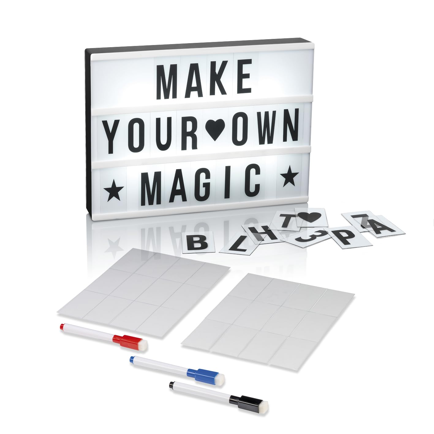 EASYmaxx LED Leuchtkasten-Set plus Schreibset | Inklusive 173 austauschbare Buchstaben und Symbole | Wahlweise batteriebetrieben oder per USB Anschluss [A4 Format]