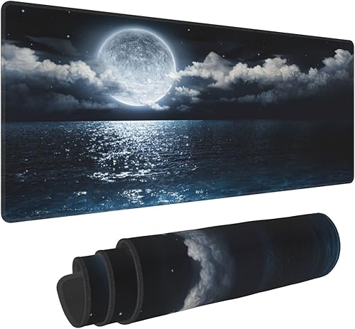 Alfombrilla de mouse para juegos de noche en el mar, alfombrilla de escritorio extendida con teclado y luna oceánica, base de goma antideslizante,