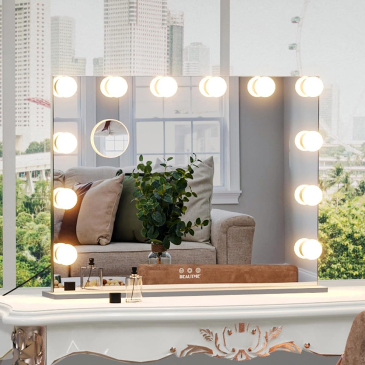 BEAUTME Hollywood Mirror with Lights,Big Makeup Vanity Mirror Tabletop Mirror with 10X Magnifying Mirror and USB Port Wall Mounted Mirror Smart Touch (Silver/28.3''x22.1'')