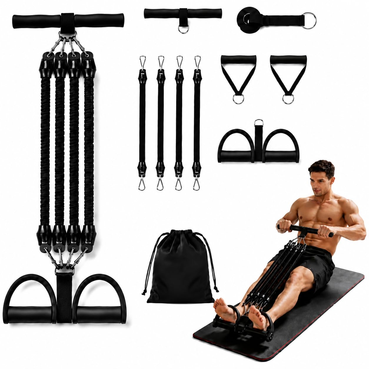 Photo 1 of 100LB Pedal Resistance Band with Handle, Portable Adjustable Tension Rope, Heavy Duty 4-Tube Full Body Exercise Equipment Set for Home Workout