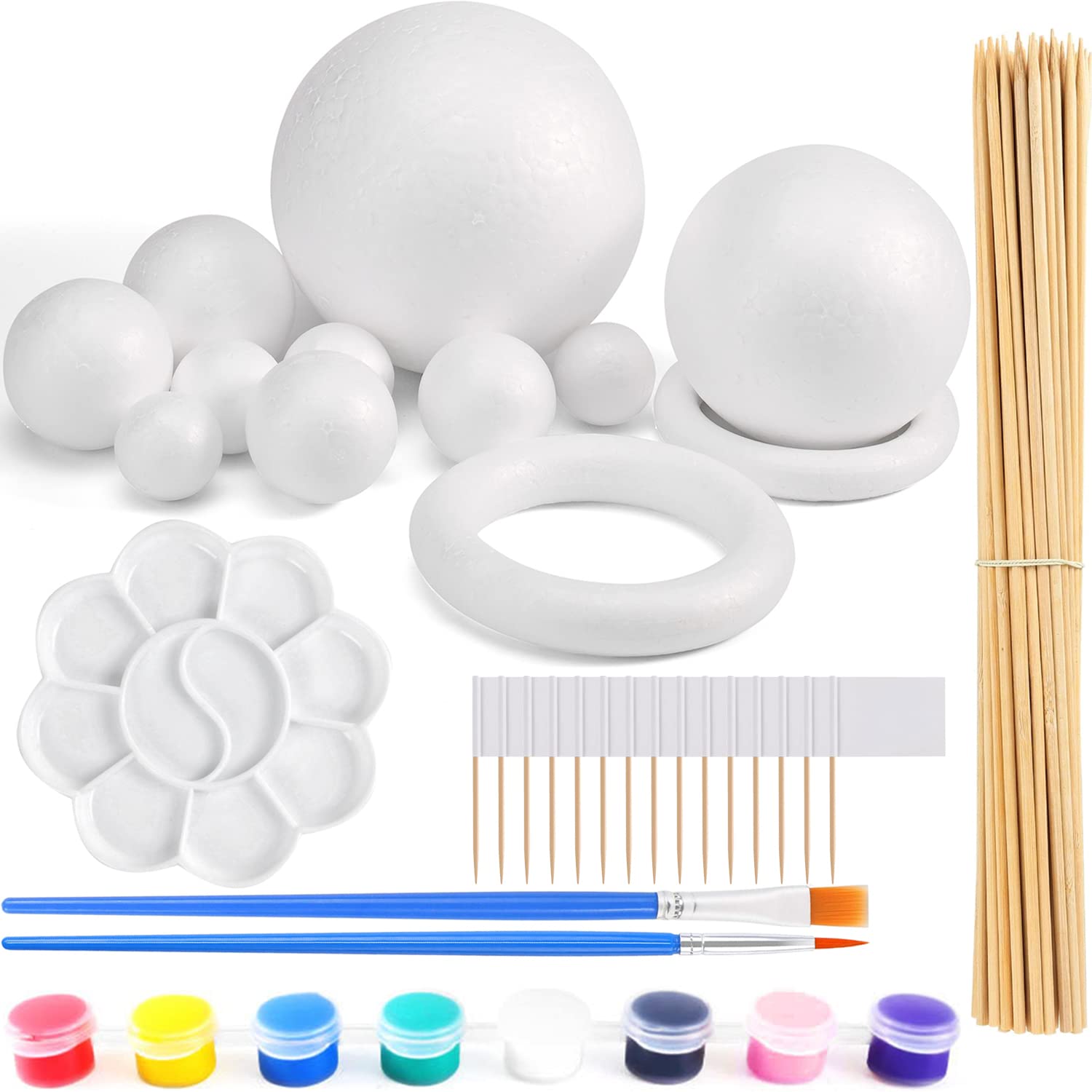 48PCS Solar System Model Foam Ball Kit Includes Mixed Sized Polystyrene Spheres Balls, Bamboo Sticks, Blank Toothpick Flags, 8 Color Pigments, Brushes, Paint Tray Palette for School Science Projects