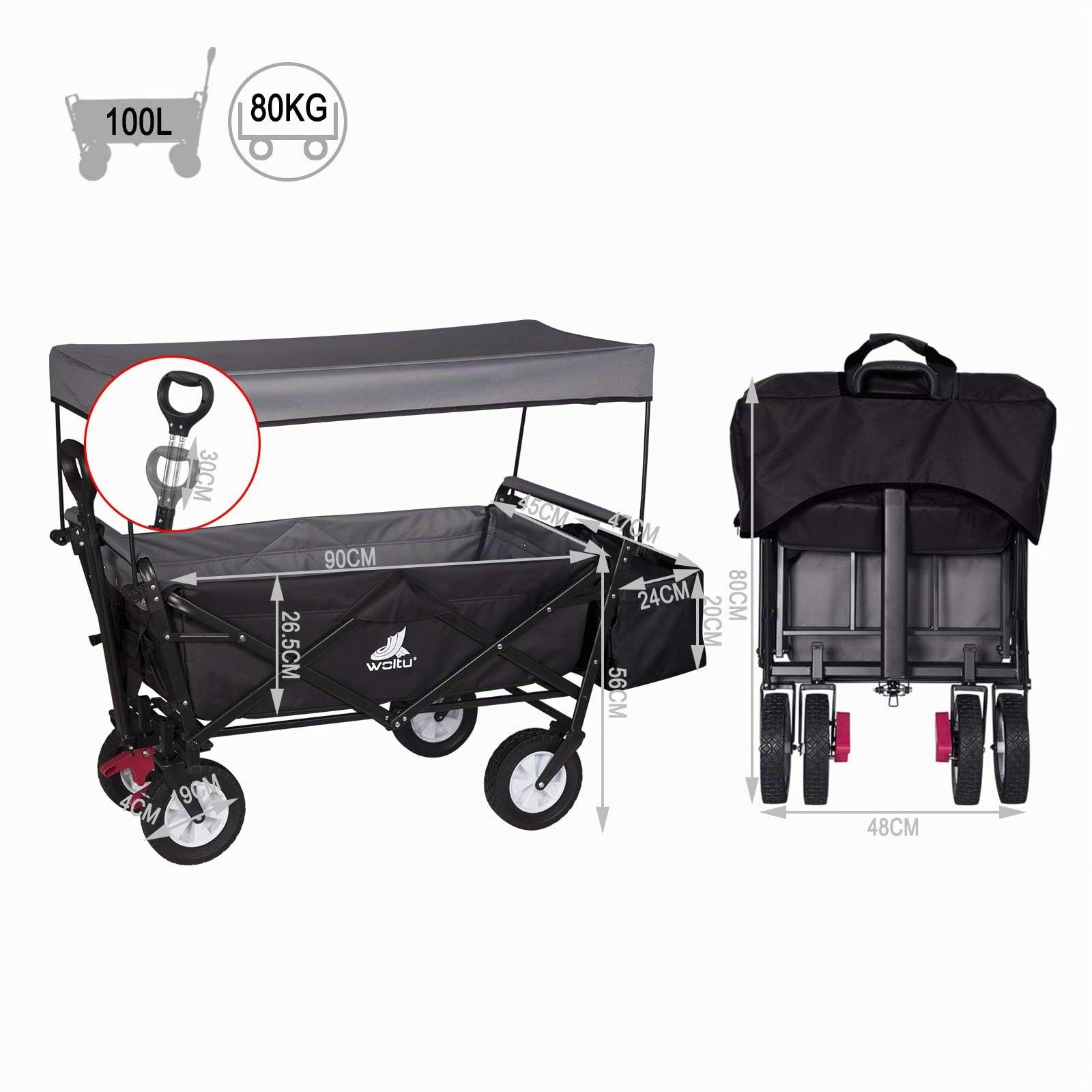 WOLTU Chariot de Plage Pliable pour Jardinage avec Toit, Chariot de Transport à 4 roulettes pour Jardin, Plage, Capacité de Charge 80kg, Anthracite