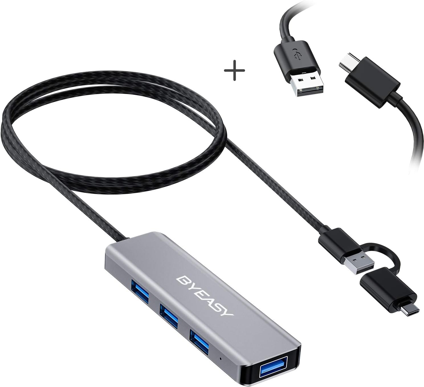 USB 3.0 Hub 4 Ports, BYEASY Aluminum USB Hub 3.1 with Micro USB Cable, USB Type-C [Thunderbolt 3] to USB Hub with 2ft Extended Braided OTG Cord, USB Splitter for MacBook Pro, Oculus Rift S, Ps4, PS5
