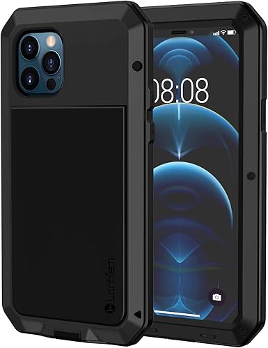 Lanhiem Funda de metal para iPhone 12, iPhone 12 Pro, resistente a los golpes, con protector de pantalla de vidrio integrado, funda protectora 360 a